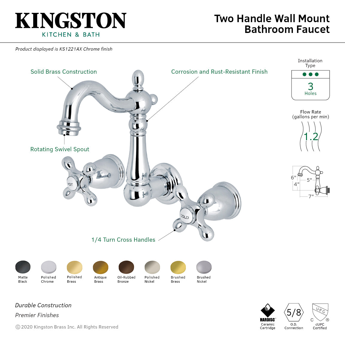 Kingston Heirloom KS1227AX - Heritage Double-Handle 3-Hole Wall Mount Bathroom Faucet, Brushed Brass — thumbnail 2